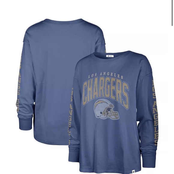 Women's Blue Distressed Los Angeles Chargers Tom Cat 100% Cotton long Sleeve Top - Picture 2 of 11